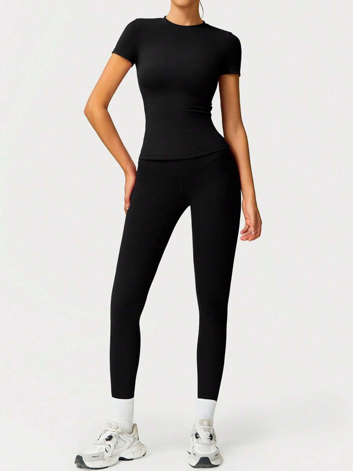 Women's Sporty Fitted Yoga Tracksuit Set, Soft Breathable Stretch Fabric Activewear Short Sleeve Top & Elastic Pants, Ideal for Fitness Running Outdoor Activities