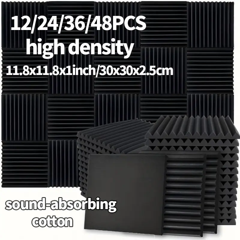 12/24/36/48PCS Black High-Density Sound-Absorbing Cotton, Minimalist Acoustic Design, Sound Insulation Foam Board, High-Resilience Sound Absorption and Noise Reduction, 11.8"x 11.8" x 1", Suitable for Home Theater, Recording Studio Wall Mounting.