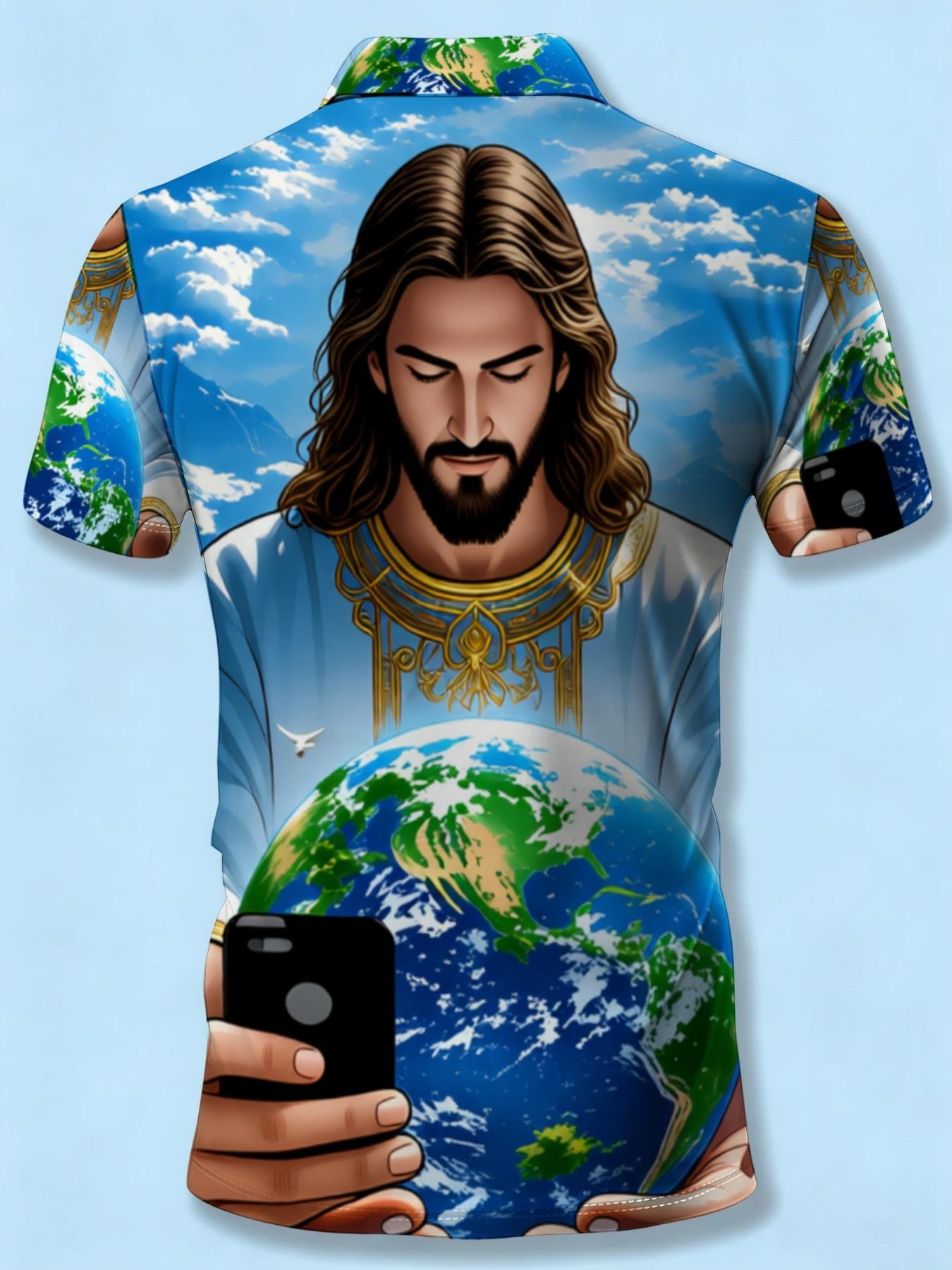 Short Sleeve Zipper Polo Shirt with Planet Pattern Print, Men's Summer Trendy Casual Top, Beach Vacation Printed Style