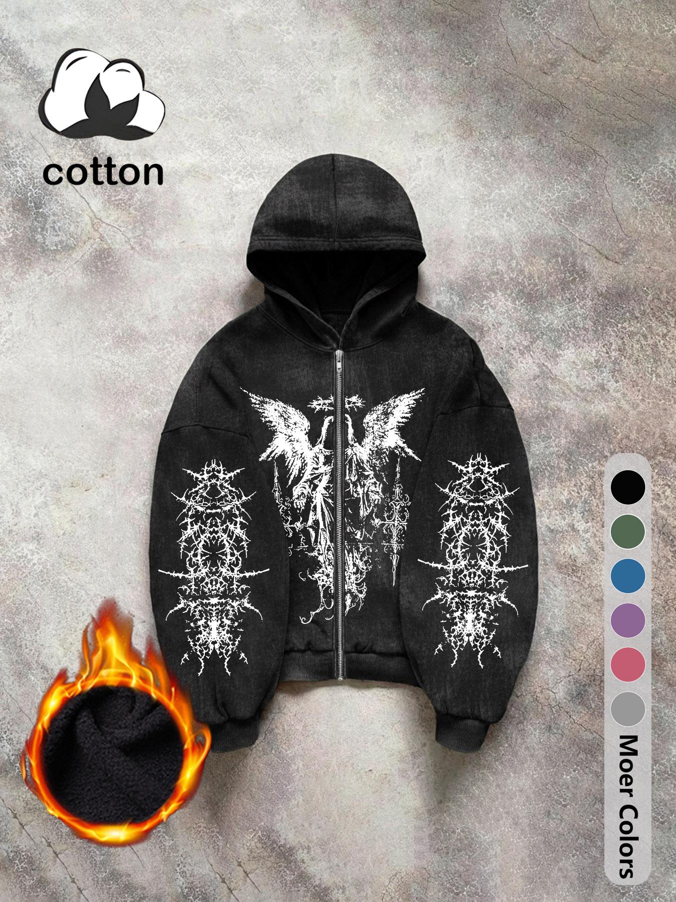 Men's long-sleeved Gothic street Graphic print hooded sweatshirt, washed hooded zipper sweatshirt, casual daily wear, men's long-sleeved fleece autumn and winter jacket
