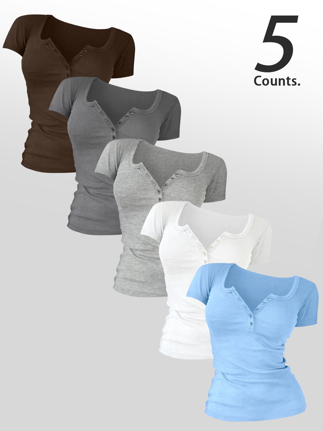 Women's Solid Color Button Decor Tee, Casual Short Sleeve Round Neck Basic T-shirt for Summer, Ladies Clothes for Daily Wear, Top