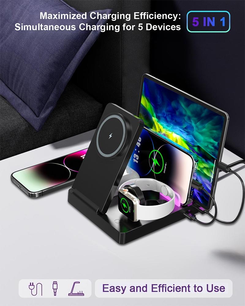 Smart Multi-Device Fast Wireless Charging Station, Foldable Charger Stand, Smart Charging Dock, Compatible with iPhone Samsung Series Apple Watch, Lightweight USB Design