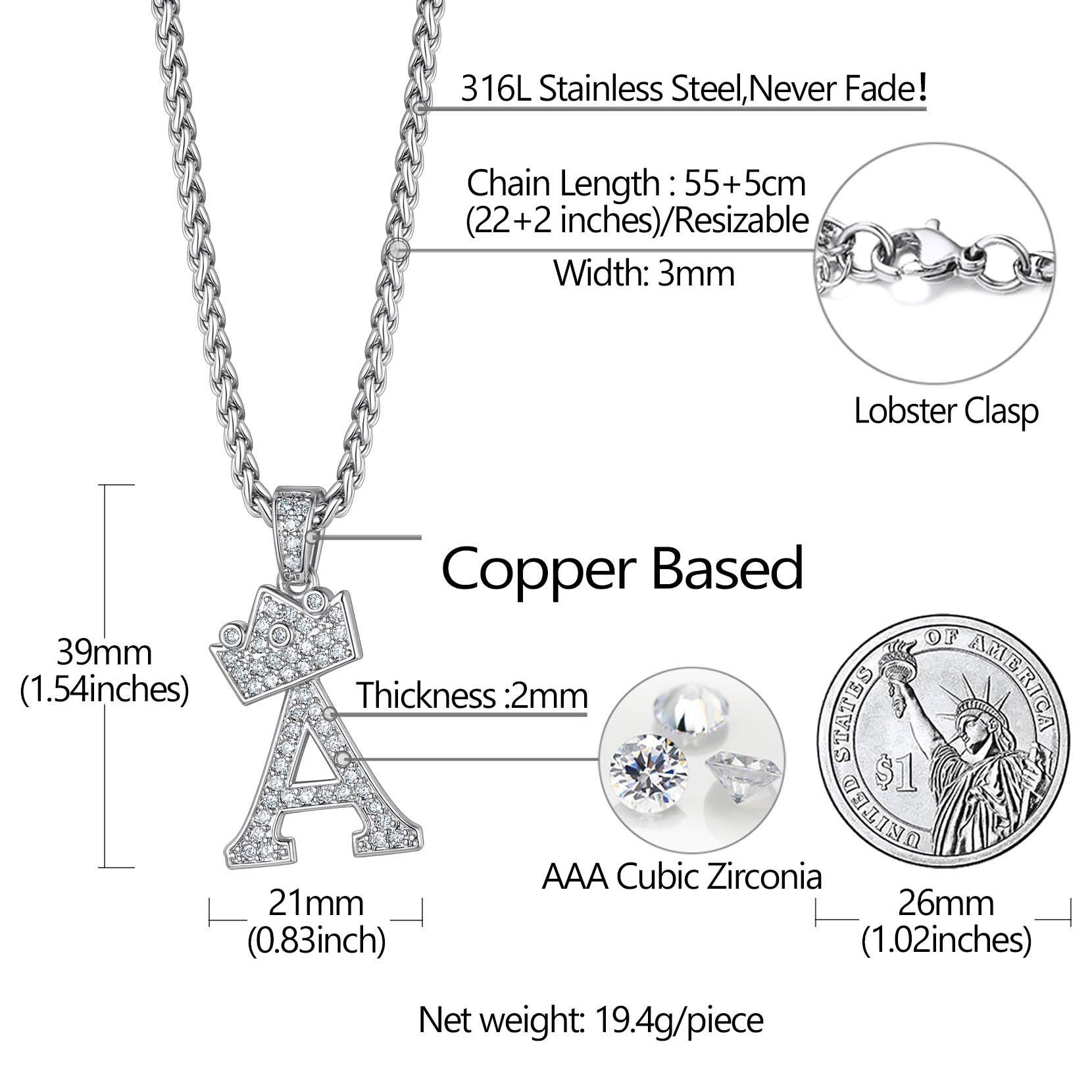 U7 Zircon Initial Pendant Necklace Number Pendant A-Z Chain Crown Necklace for Men Womens Capital Monogram Necklace Jewelry