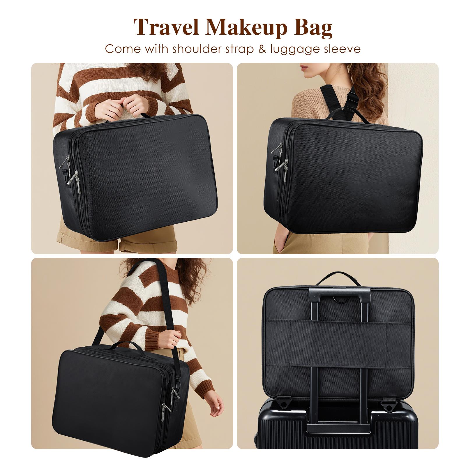 3 Layers Extra Large Makeup Case with Mirror 3 Clear Bags Shoulder Strap Trolley Sleeve Travel Train Case Professional Makeup Box Nail Organizer Salon Barber Suitcase