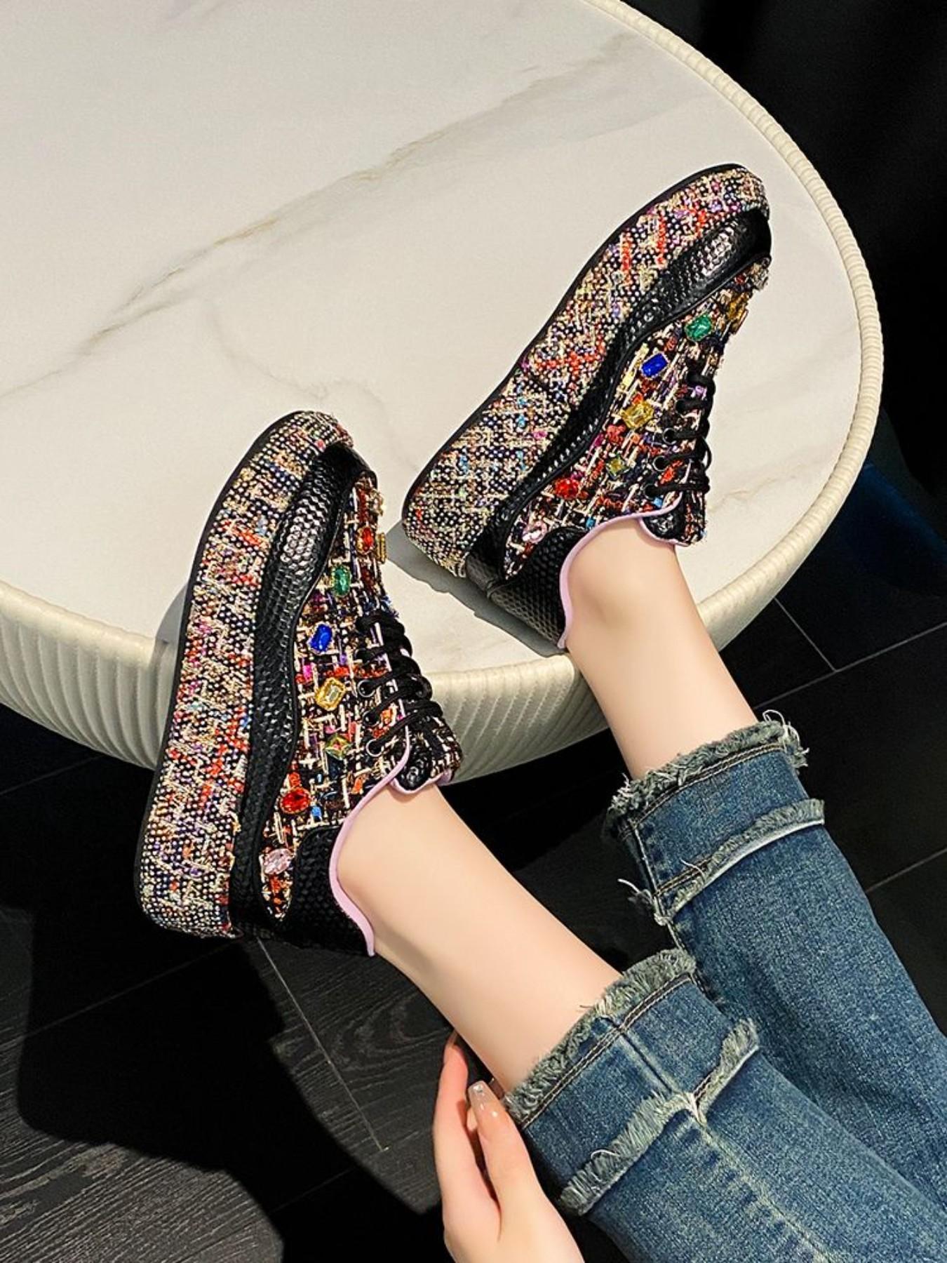 Full Diamond Thick Sole Sport Casual Shoes, Unique Design Handmade Embellished Luxury Thong Dad Sneakers, Party Banquet Multi-Scene Cool Women's Shoes