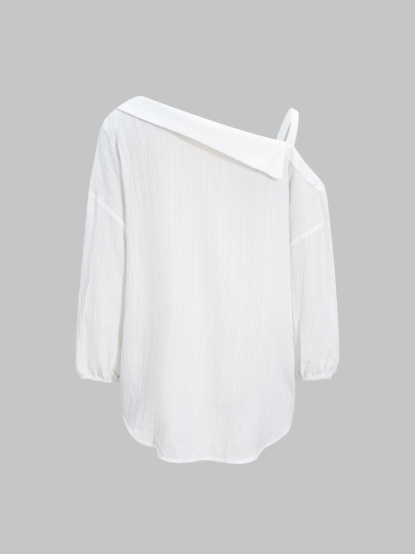 Women's Asymmetric Neckline Cold Shoulder Blouse, Collared Button Down 3/4 Sleeve Design, Textured Fabric, Clean Girl Top, Casual Chic Style Clothes for Vacation, Beach and Daily Wear, Spring & Summer Wear