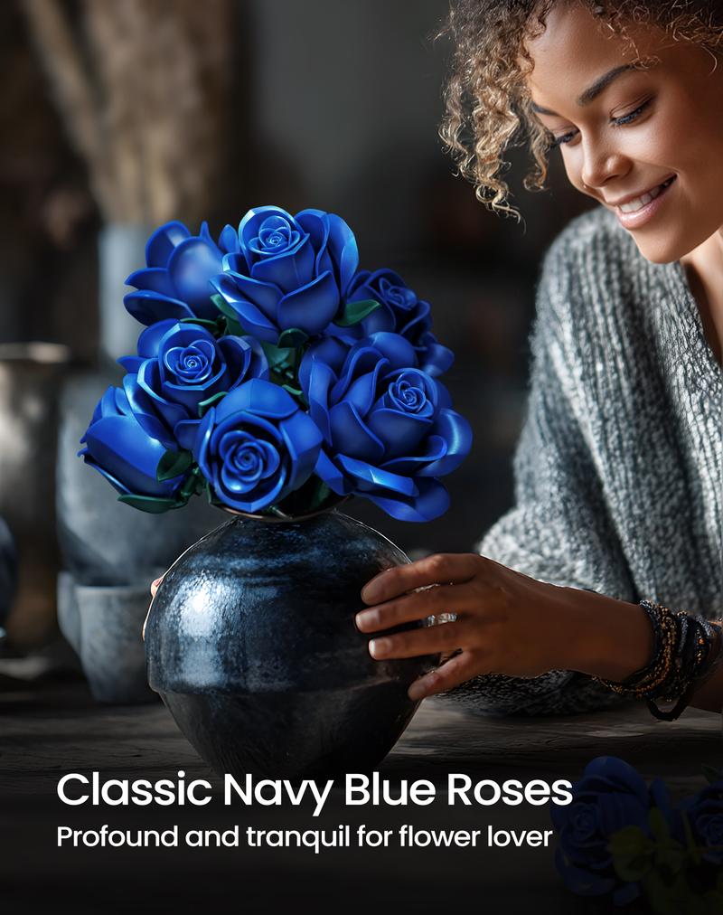 Supreowls Blue Rose Bouquet Building Set, Botanical Collection Blocks Kit for Adults and Women, Elegant Gothic Artificial Flowers for Home Decor, Ideal for Valentine’s Day & Halloween & Christmas Gift