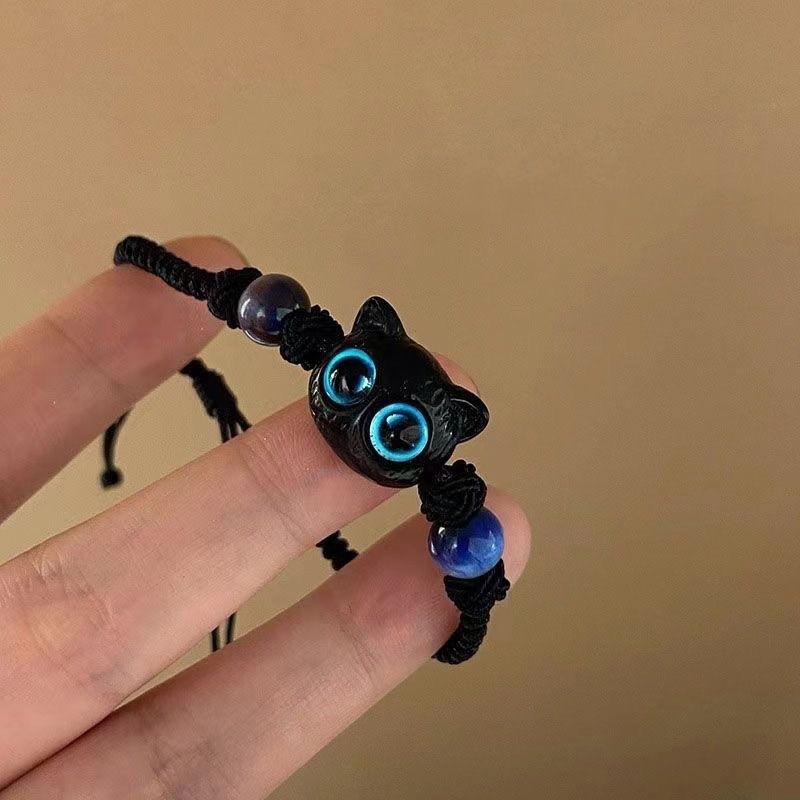 Ancient-Style Woven Cord Kitten Motif Bracelet - Cute Black Kitten Design, Adjustable Size, Bowknot Accent, Unisex Wear, Gift Ideas for Friends or Couples
