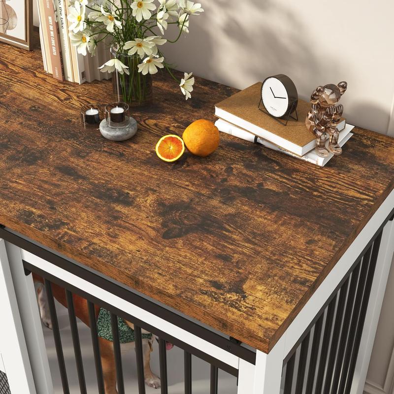 87In Farmhouse Dog Crate TV Stand, Wooden Dog Kennel Furniture with Sliding Metal Mesh Barn Door, Large Dog Crate Furniture for 2 Dogs, Solid Metal Tube & 2 Lockable Doors, White & Brown/Rustic Brown/Black