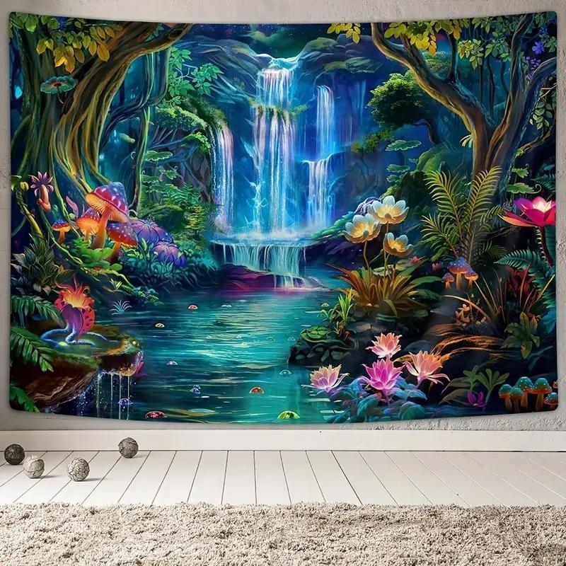 1 Counts Vibrant Jungle Landscape Tapestry - Jungle and Waterfall Prints, Lightweight Polyester Wall Hanging, Comes with Free Installation Kit - Perfect for Living Room, Bedroom, Office Decoration, Jungle Theme Decoration