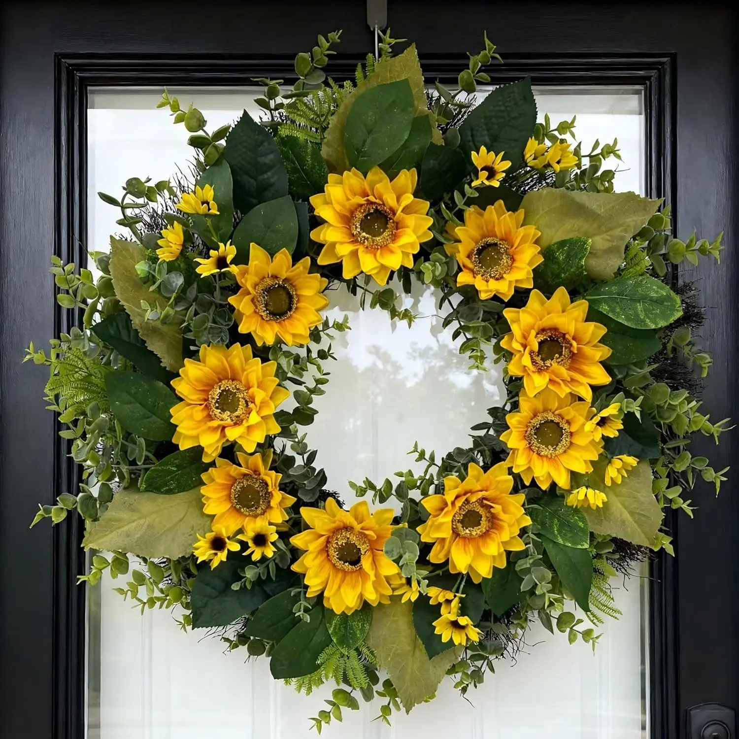 CYANBLOOM 24" Sunflower Wreath with Eucalyptus, Modern Farmhouse Summer Fall Floral Wreath for Front Door, Yellow Sunflowers Dense Boxwood Greenery Decor for Outdoor Porch Wall