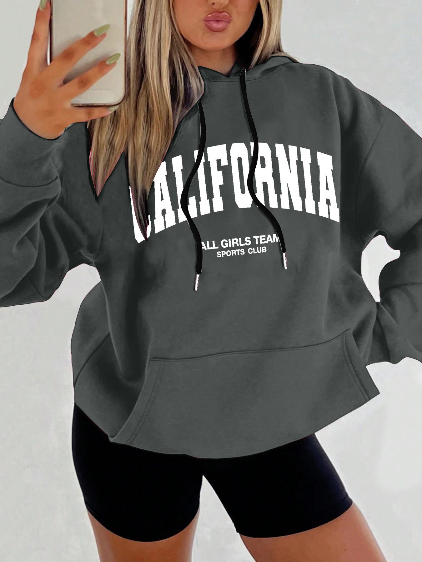 Women's Letter Print Drop Shoulder Hoodie, Fashion Casual Drawstring Pocket Hooded Sweatshirt for Daily Holiday Outdoor Wear, Women Clothing for Fall & Winter