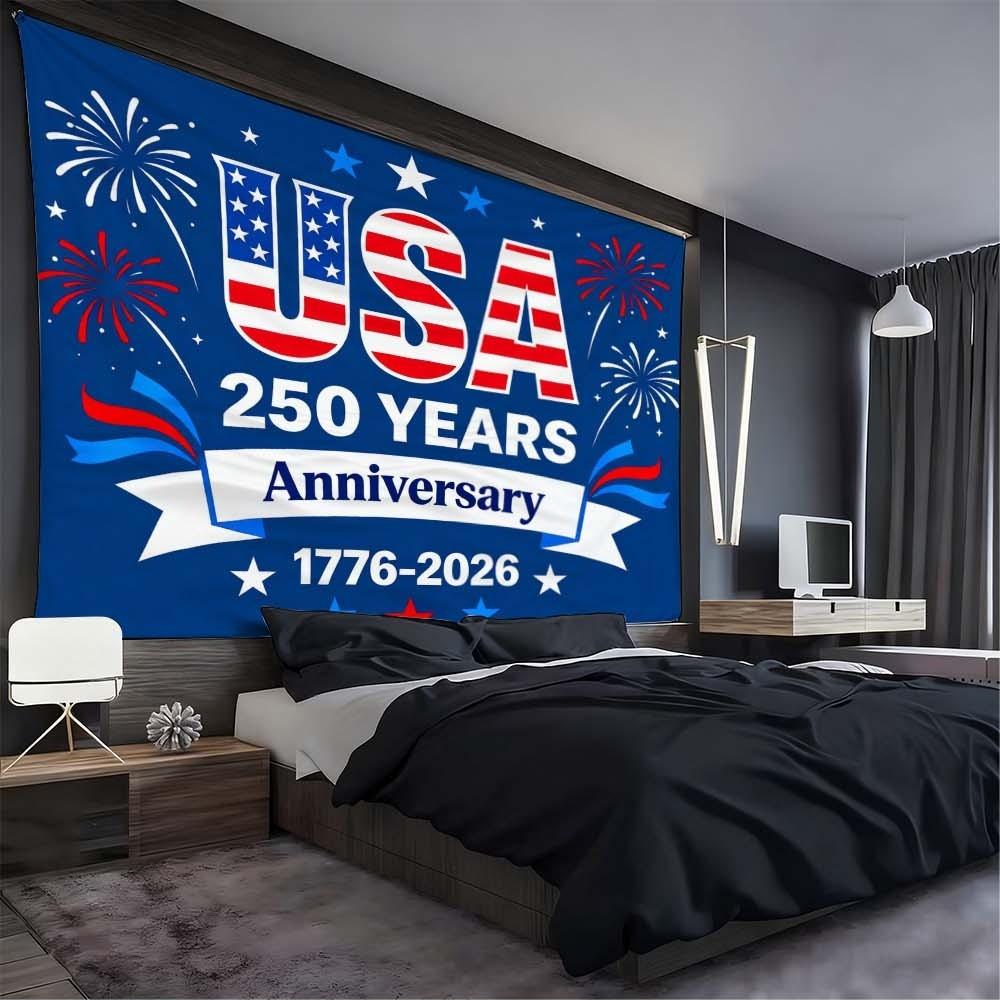 1PC USA 250 Years Anniversary Tapestry Wall Decoration Fabric for Independence Day Celebration Living Room and Bedroom Atmosphere Enhancement Fireworks Pattern for Daily Gatherings and Festive Home Decor