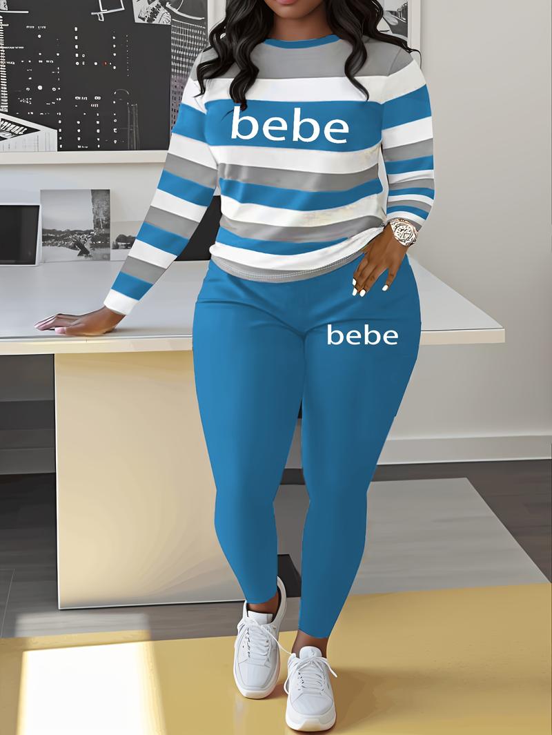 Women's Striped 'Bebe' Letter Print Round Neck Long Sleeve Top and Pants Set, Comfortable Casual Two-Piece Striped Lounge Set, Casual Fashion Set for Autumn and Winter Women's Striped 'Bebe' Letter Print Round Neck Long Sleeve Top and Pants Set, Comfortable Casual Two-Piece Striped Lounge Set, Casual Fashion Set for Autumn and Winter