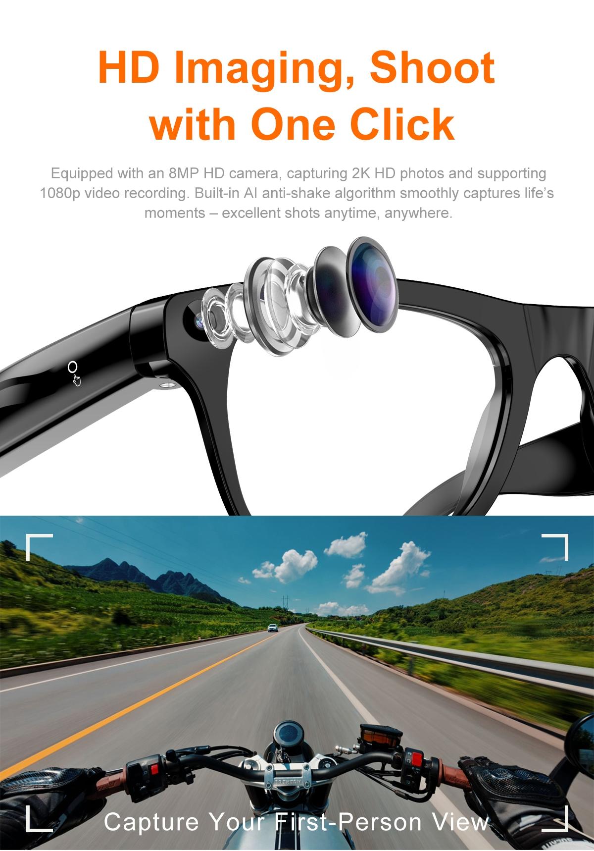 wearable smart camera glasses, Multifunctional smart glasses; 8MP HD first-person video recording; one-click audio recording; AI real-time translation and interpretation; Bluetooth; WiFi; 290mAh battery; includes functional lenses