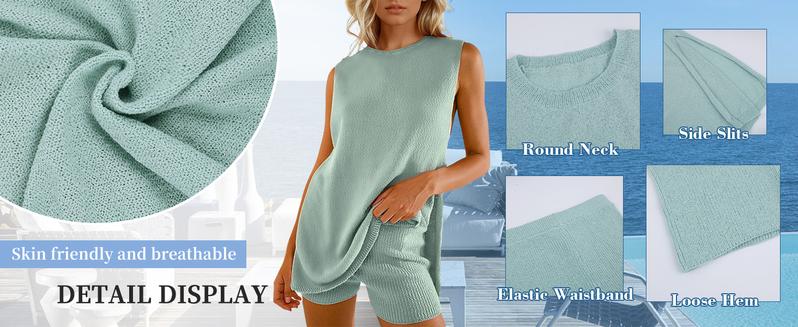 Arssm Women Summer Sleeveless Sweater Sets Knit 2 Piece Outfits Tunic Tank Top Matching Shorts Vacation Beach Sets Womenswear Slim Clothes Crewneck Fitted Suits Loose Casual