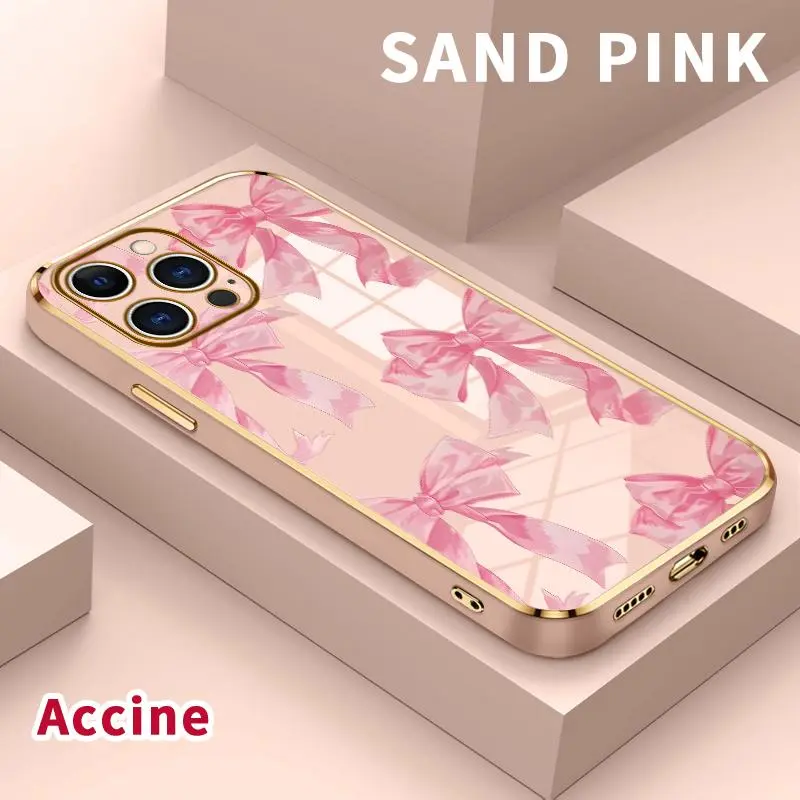 Luxury Electroplated TPU Cellphone Casing - iPhone 11,12,13,14 Plus,X,XS Max,XR,15,16,17 Air,18 Pro Max Cover, Romantic Bows, Golden Edge, Camera Lens Protector, Shock-Proof, Sweat-Resistant Secure Grip, Flexible Handheld Devices Accessory