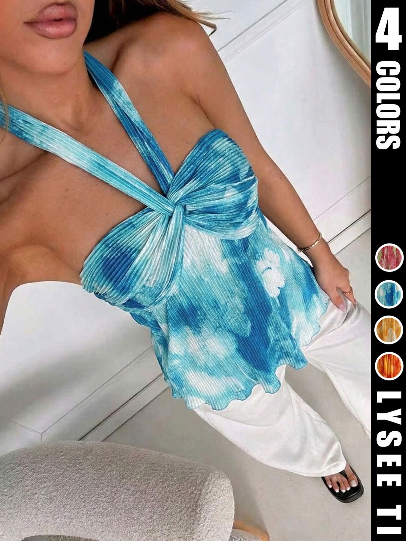 Women's Summer Sexy Vacation Gradient Color Backless Halter Top, Stylish Chic Ruched Design, Perfect for Casual Wear