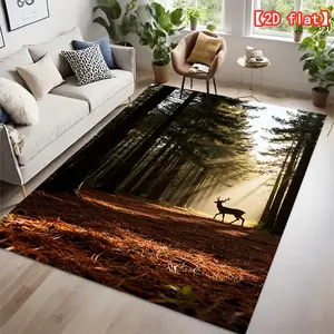 【2D flat】Hot selling carpet, deer shadow in the forest dawn, indoor flannel carpet, decorative item, gift for holidays, easy to clean, machine washable, durable carpet
