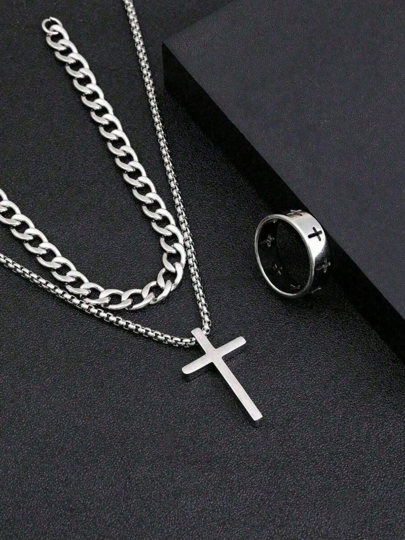 3pcs Teen Fashion Multi-Functional Stainless Steel Jewelry Accessories Set, Trendy Jewelry Set, Cross Necklace Bracelet Ring, Perfect Gift, Jewelry for Teens, Accessory Set