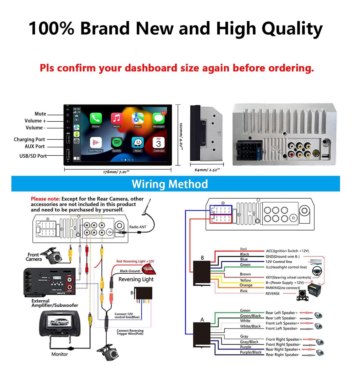 7inch HD Touchscreen Double Din Radio with Bluetooth, Car Audio Receivers, Camera, MirrorLink, FM Radio, 2 USB/TF/AUX/Subwoofer