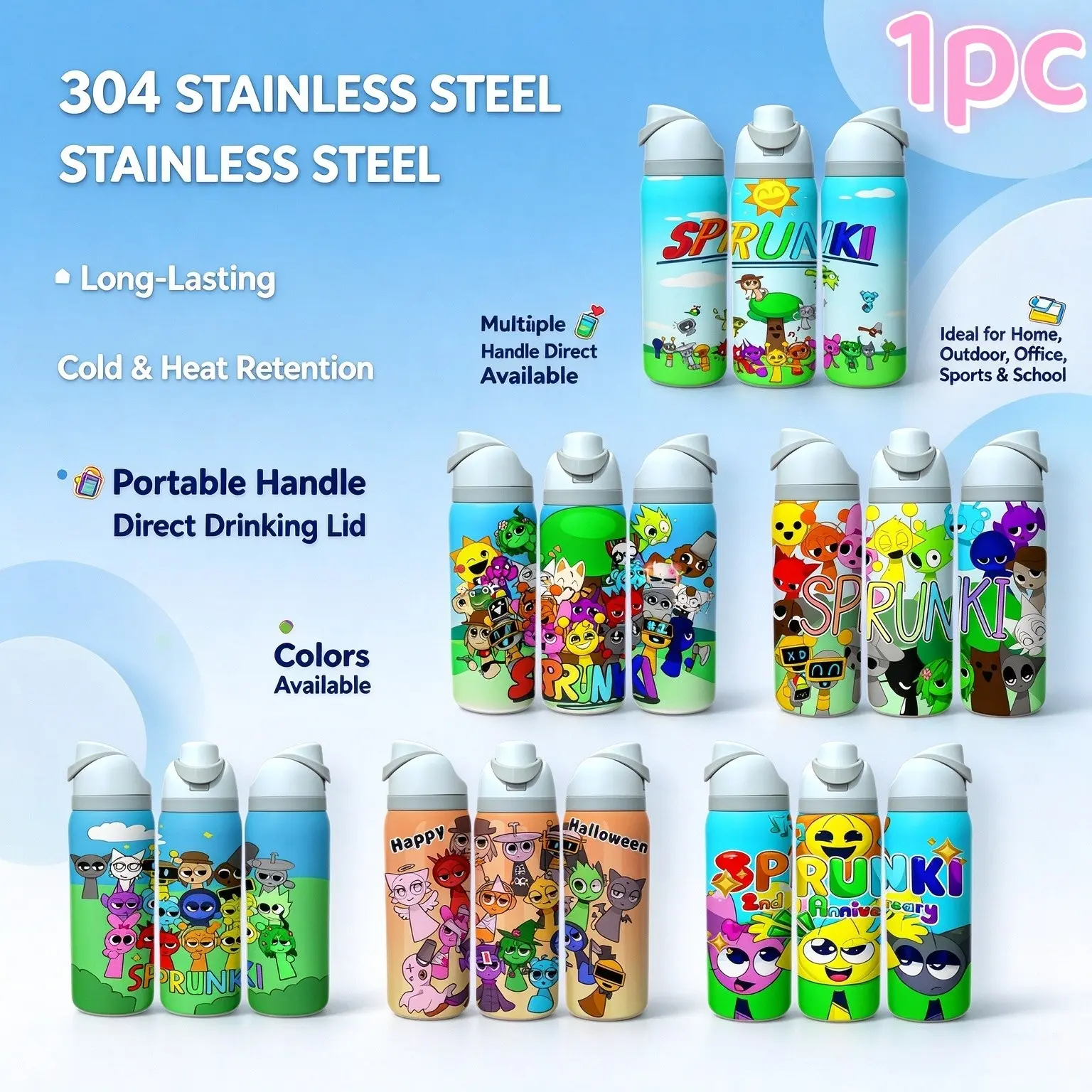 1pc Sprunki Halloween Cartoon Character 32oz Insulated Water Bottle, 304 Stainless Steel Straight Lid Tumbler, Long Lasting Cold & Heat Retention, Large Capacity Portable Cup for School Sports Outdoor, Christmas New Year Birthday Gift for  Fans