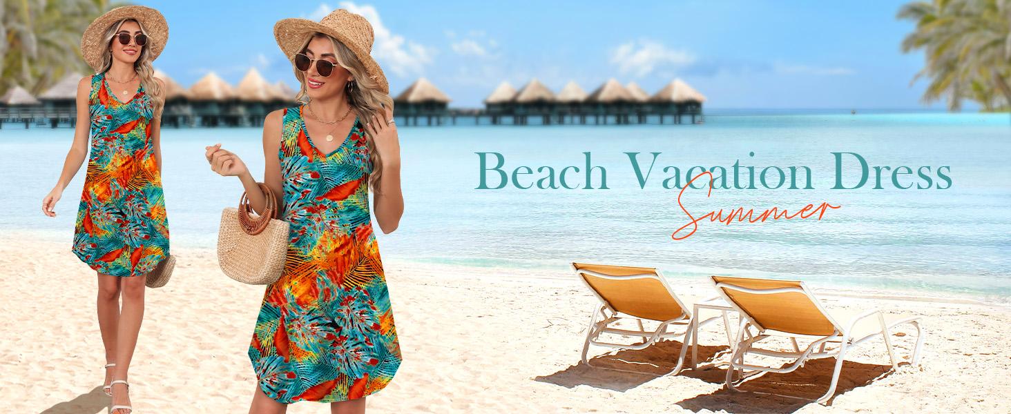 OFEEFAN Womens Summer Dresses 2026 Loose V Neck Sleeveless Dress Sundresses Swimsuit Coverup Vacation Outfits Womenswear Womenswear