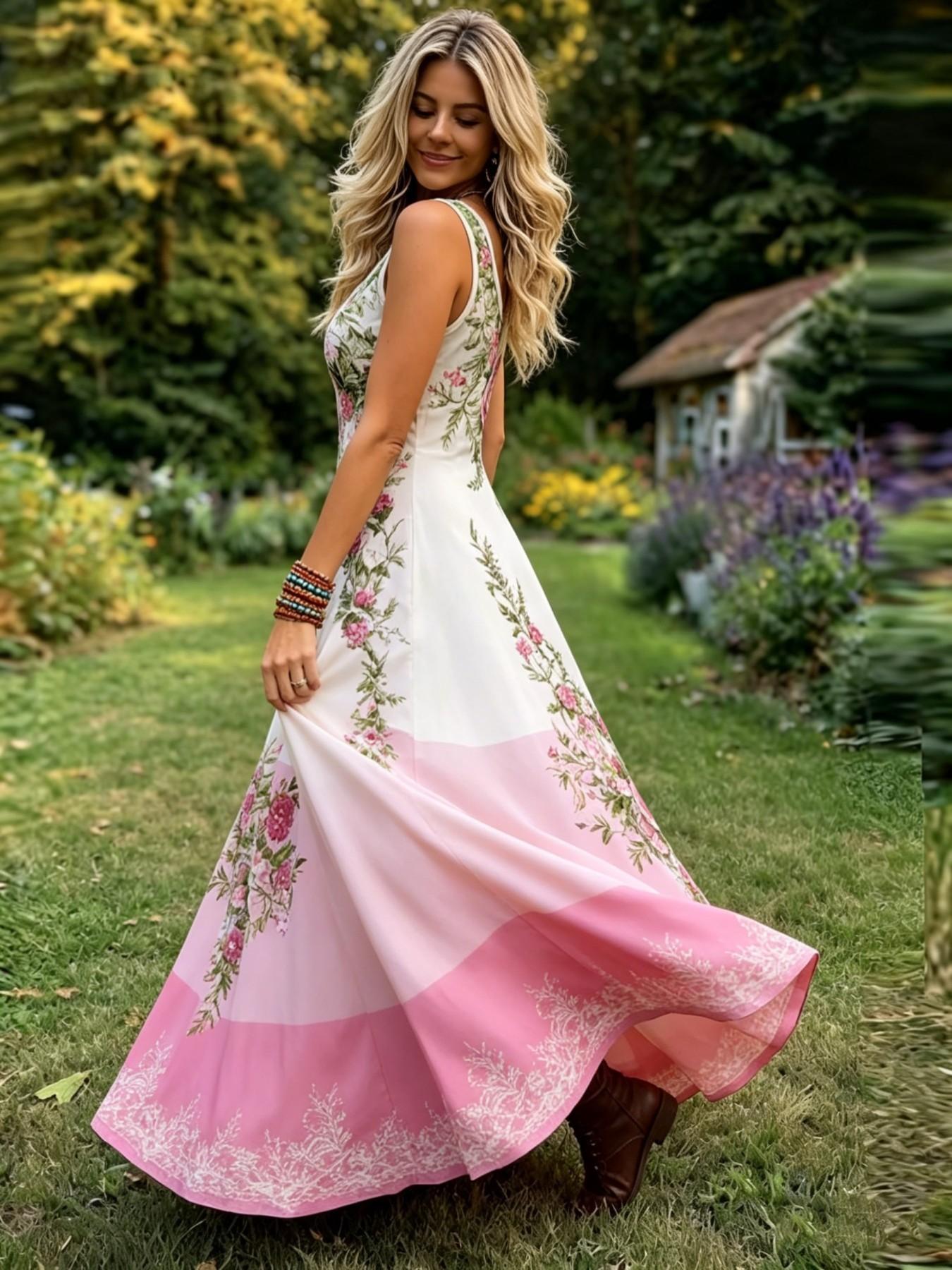 Elegant Vintage Floral Print Sleeveless Dress for Plus Size Women, Colorblock Design, Summer, Perfect for Casual & Special Occasions