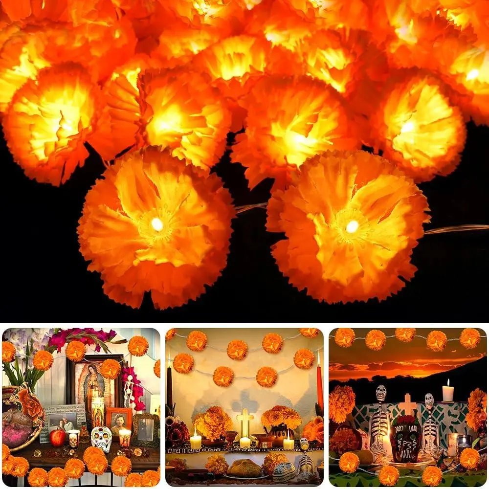 3PCS Lighted Marigold Garland, 10 LED Artificial Marigold Flowers String Lights Dia de Los Muertos Decorations for Halloween Diwali Indian Party