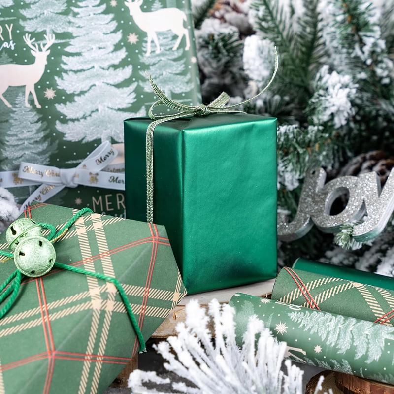 RUSPEPA 3 Rolls Christmas Wrapping Paper Set | Plaid, Solid Colors & Reindeer Christmas Tree Patterns - Ideal for Parties, Decor, Gift Wrapping, DIY Crafts, Xmas Gifts, Family Gatherings, Holiday Decor, Festive Wrapping - 17 x 120 inches