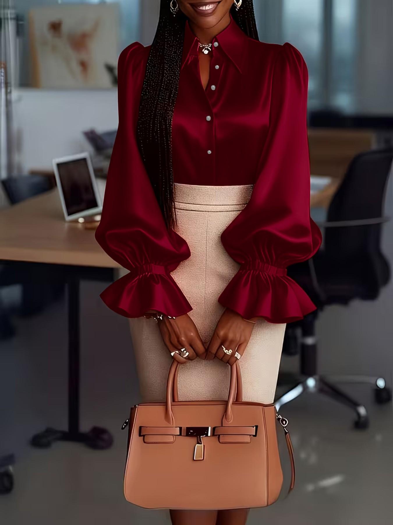 Women's Solid Color Fashion Flared Bell Sleeve Long Sleeve Button Shirt, Stylish Casual Blouse for Daily Wear, Ladies' Clothing