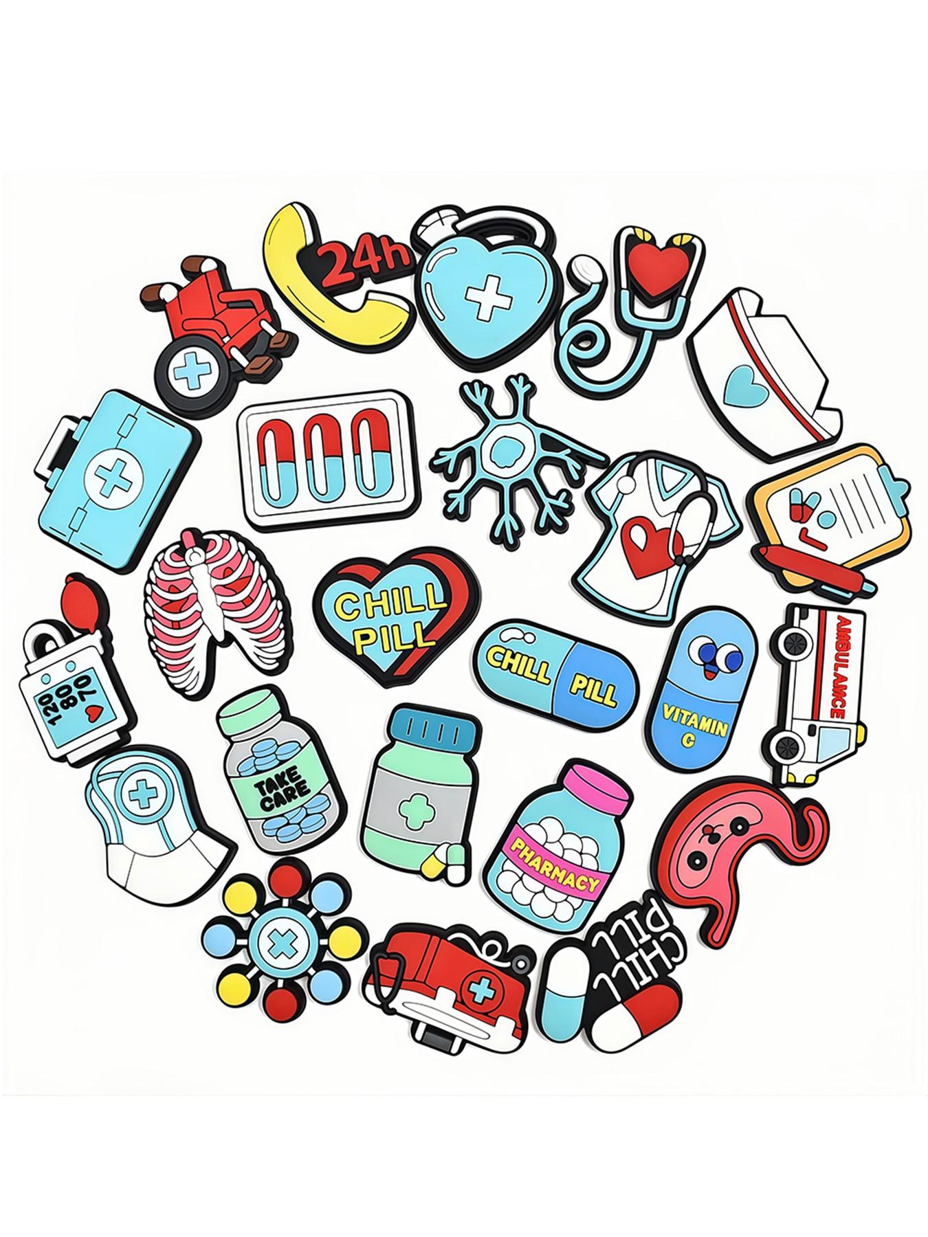 25pcs, soft plastic, happy nurses day shoe charms, a nurse's day shoe accessories, chill pill design shoe accessories decoration, suitable for sandal garden shoes accessories party gift