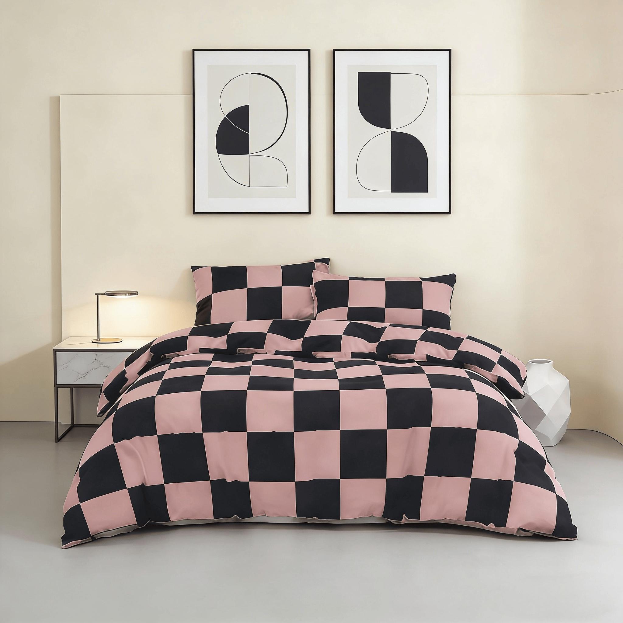 Modern minimalist pink & gray checkered geometric pattern bedding set, 3-piece set includes 1 duvet cover and 2 pillowcases, without inserts.Perfect decoration for the bedroom, soft and comfortable.