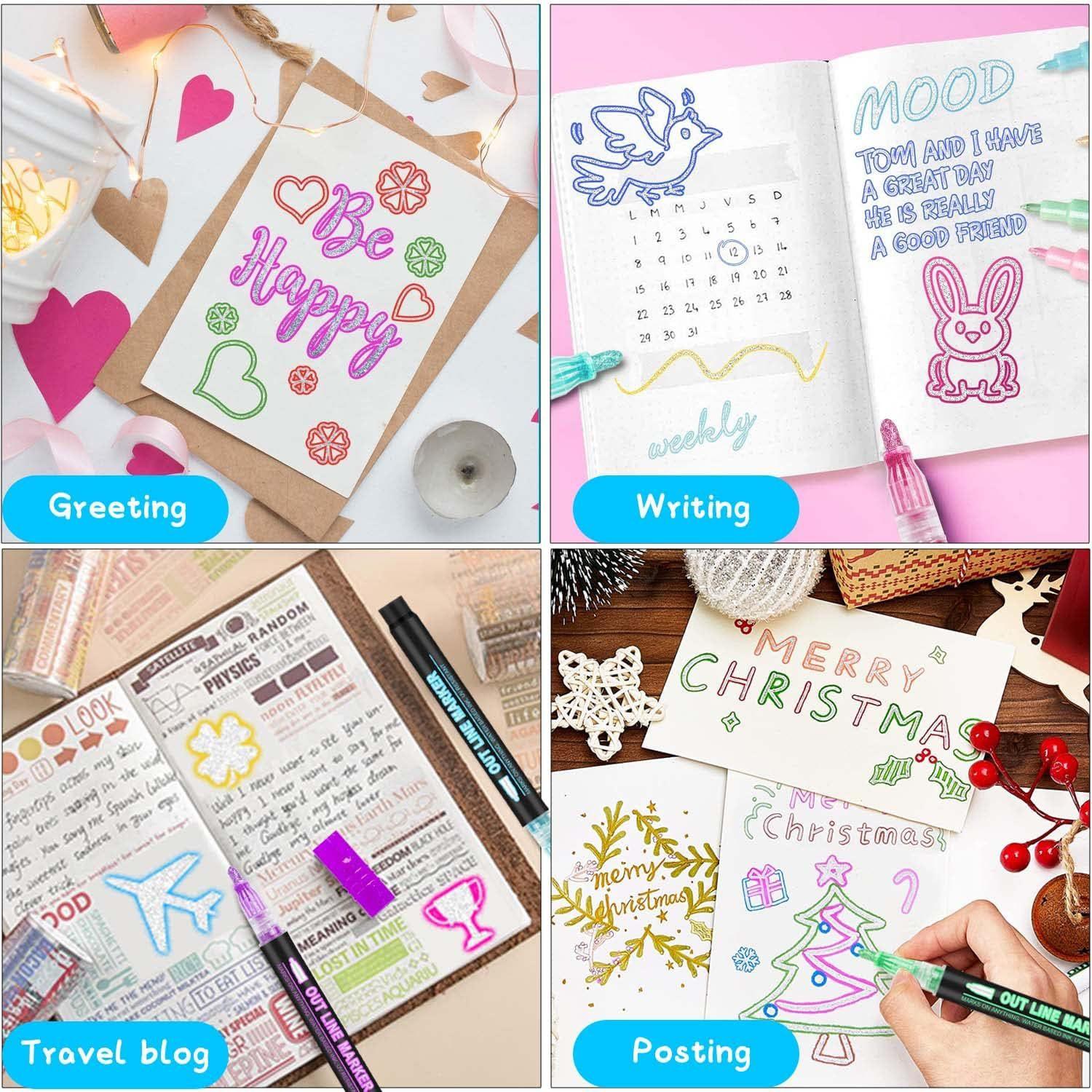 Double Line Outline Metallic Marker Pen Set, Paint Pens Markers, 8/12/24/36/48/60 Colors Double Line Pen, Magic Glitter Drawing for Greeting Cards, Craft, Posters, Painting, DIY Art Crafts