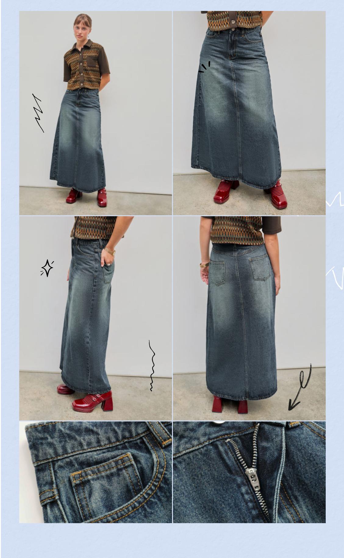 Cider [size 0-26] Denim Mid Waist Maxi Skirt with Pockets