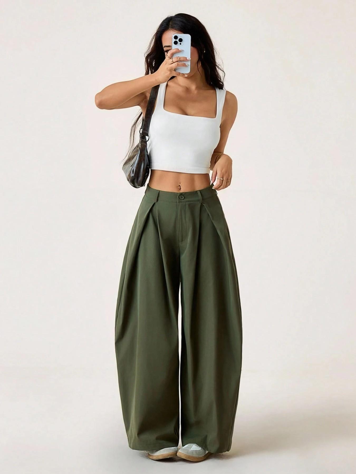 Women's Vintage Casual Street Style Loose Fit Pants, Elastic Waist Wide Leg Trousers, Retro Fashion Bottoms for Daily Wear