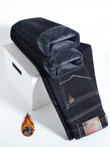 Men's Fleece Lined Denim Jeans, Loose Straight Leg Long Pants, Warm Cotton Elastic Business Style, Fall Winter Fashion
