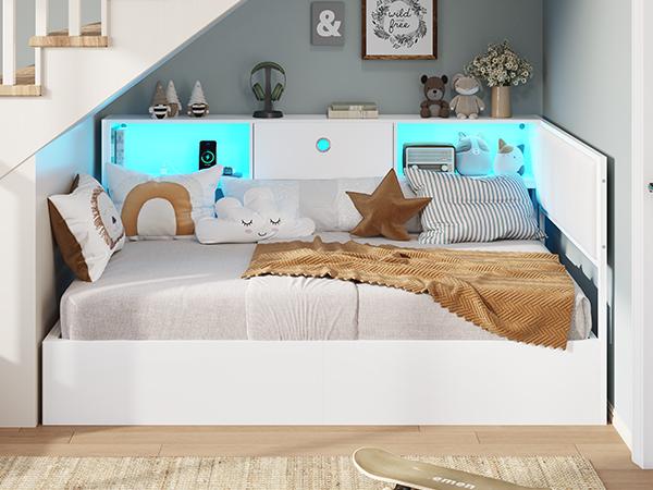 Hasuit Corner Twin Lift Up Storage Bed Frame with Charging Station & LED Lights, Twin Day Bed with Upholstered Headboard and Bookcase, Corner Beds with Hydraulic for Kids Teens Guests