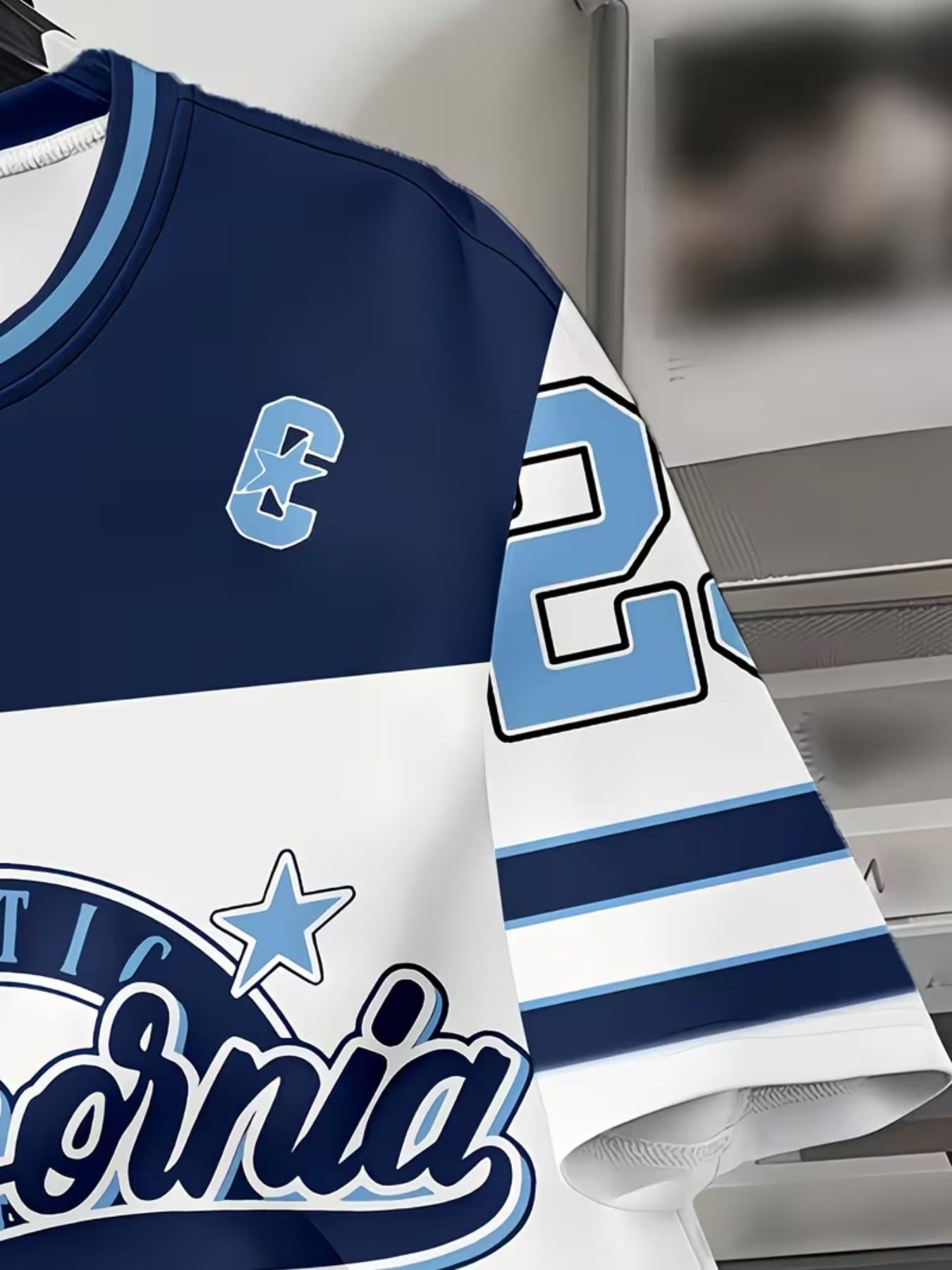 Short Sleeve T-Shirt, Sporty Retro Style, Line Neckline, C Logo, 1987 Sport Division, Blue Stripes, Casual Wear