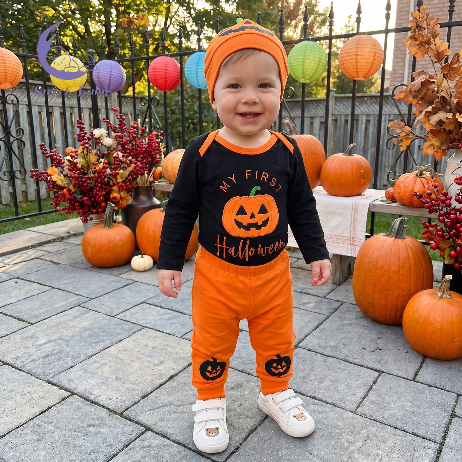 Baby Boy Halloween 3-Piece Gift Set - Polyester Embroidered Long-Sleeve Romper, Pants, Pumpkin Bat Accent Hat