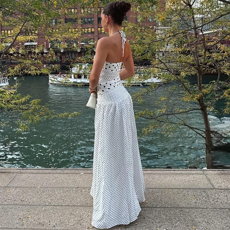 Women's Polka Dot Print Tie-neck Halter Dress, Bust Twisted Ruched Sleeveless Backless A-line Slip Dress, Party Club Date Holiday Beach Vacation Daily Casual Sweet Cami Maxi Long Dresses For Ladies Summer Fashion Clothes Wear