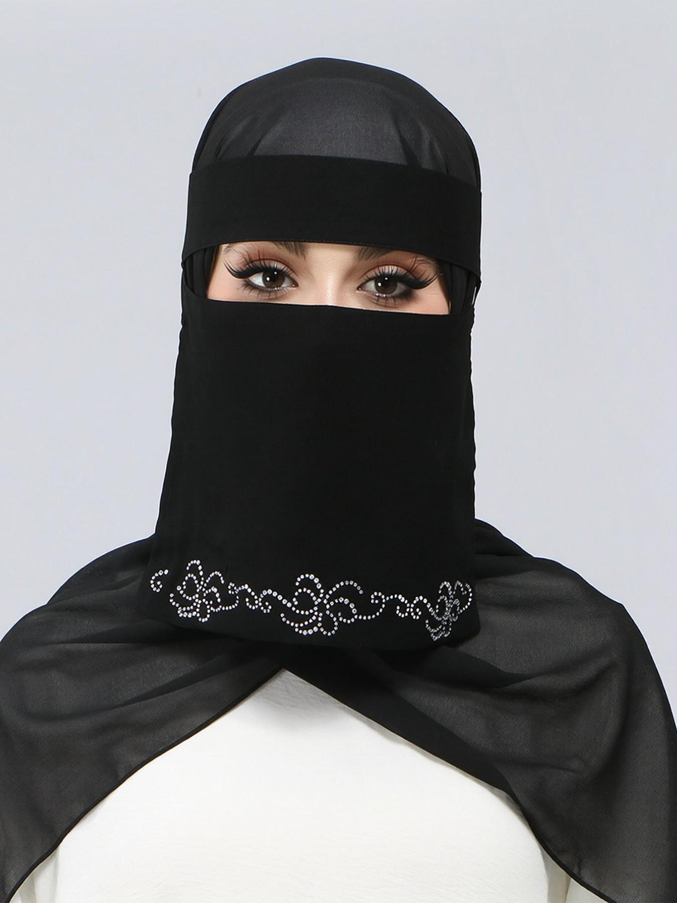 1PC Middle Eastern Fashion Rhinestone Chiffon Niqab, Elegant Floral Rhinestone Veil for Women, Muslim Daily Wear, Outdoor Sun Protection Face Mask