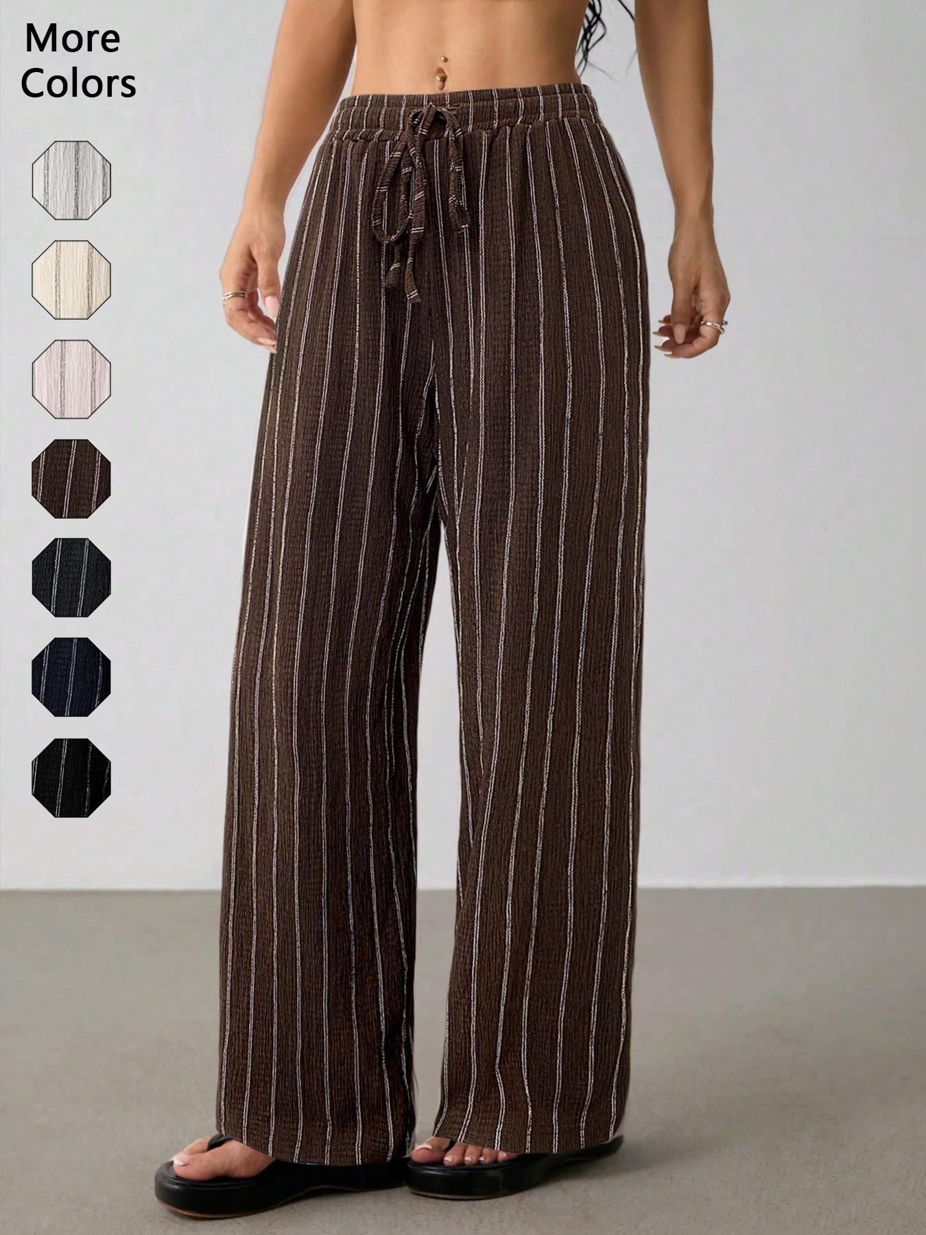 Women's Striped Waist-Tie Straight-Leg Loose Streetwear Pants, Casual Style, Moderate Fabric Thickness, All-Season Wear