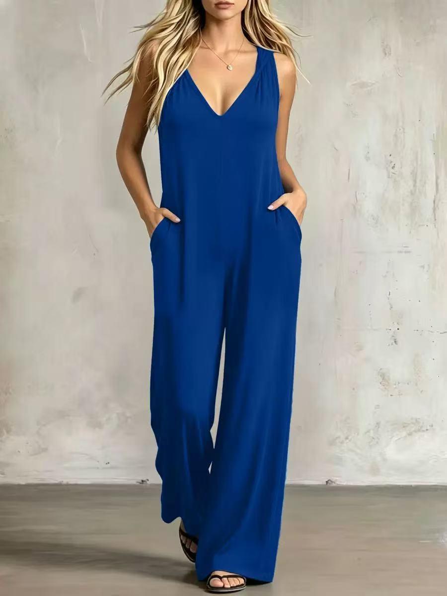 T7001 Women Soft Casual Loose Loungewear Hooded One Piece Jumpsuit, Sleeveless V Neck Wide Leg with Pockets, Ideal for Summer Holiday & Daily Active Wear.