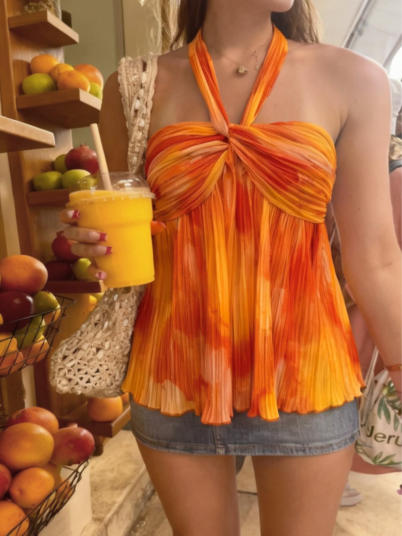 Women's Summer Sexy Vacation Gradient Color Backless Halter Top, Stylish Chic Ruched Design, Perfect for Casual Wear