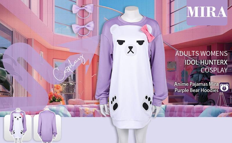Anime Cosplay Mira Costume Kpop Pajamas Mira Purple Bear Hoodies for Adults Womens Halloween Outfits with Hair Rings Faux Cotton Sweater Cosplayer Clothes Soft Party Crewneck Gamis