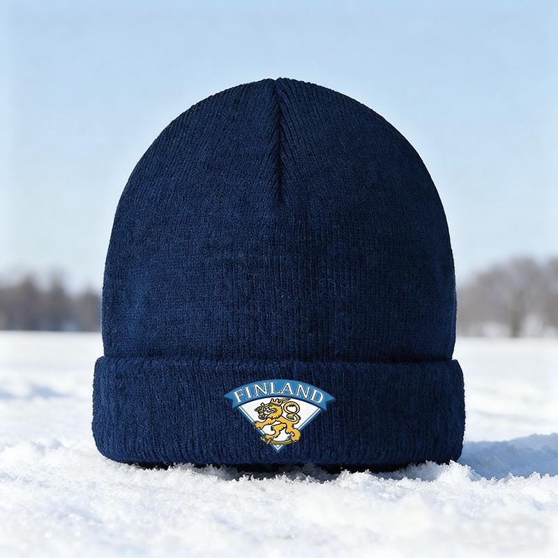 Finland Lion Emblem Knit Beanie Hat Winter Outdoor Cold Weather Warm Headwear for Adults Unisex Casual Snow Sports Hiking Running Urban Streetwear Ideal Christmas Holiday Gift for Family Friends and Loved Ones