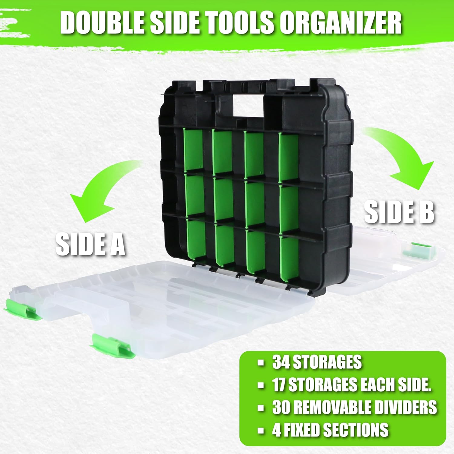 Parts Organizer, 34-Compartments Double Side Parts Box with Removable Dividers, Hardware Storage for Screws, Bolts, Nails, Beads, Jewelry