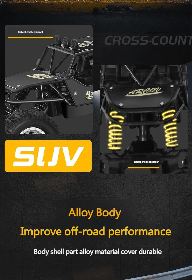 RC Off Road Car Alloy Body Remote Control Monster Truck With Elastic Shock Absorbers Rubber Tires All Terrain Waterproof RC Crawler For Sand Grass And Mountain Roads