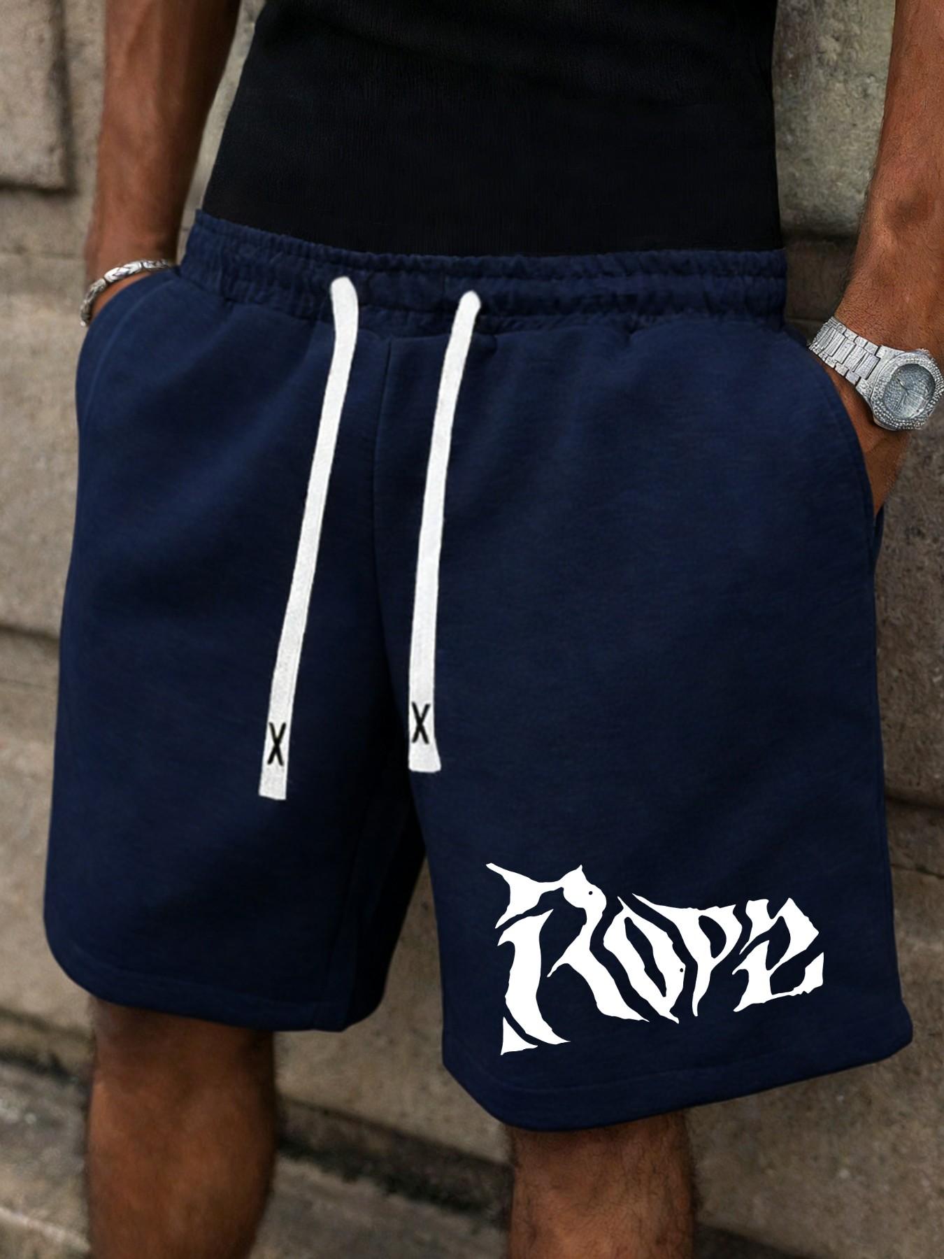 Men's Dark Metal Graphic Printed Shorts for Street Style, Casual Loose Fit Gym Shorts for All Seasons, Letter Print Shorts